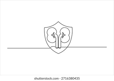 Dibujo minimalista de una línea de riñones humanos dentro de un escudo de protección en una línea de base continua para conceptos de seguridad médica y seguro de salud.