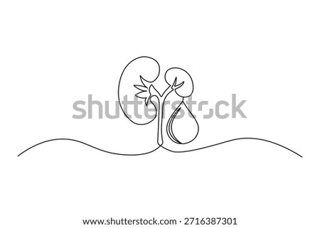 Minimalist one line drawing of human kidneys and a water drop on a continuous wavy line representing renal health and hydration.