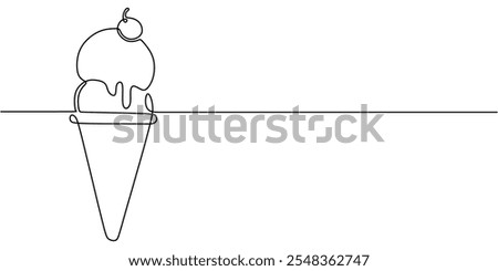 Minimalist one line drawing of an ice cream cone with two scoops, symbolizing summer enjoyment and simplicity.