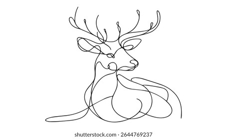 Minimalist one line drawing of a majestic deer head and large antlers in black