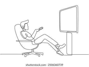 Minimalist one line drawing of a man relaxing on the couch and watching TV at home. Hand drawn doodle art in a continuous line.