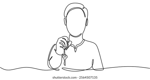 Minimalist one line drawing of a man holding a key. Representing unlocking opportunities, solving challenges, and achieving success. Vector illustration minimalist hand drawn.