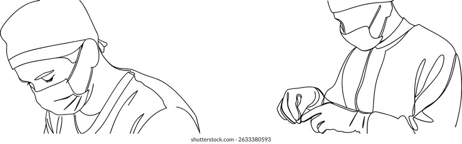 Minimalist one line drawing of medical professionals in operating room attire