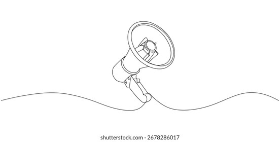 Minimalist one line drawing of a megaphone in continuous line art style. The illustration features a loudspeaker with a handle, created using a single flowing line, symbolizing communication