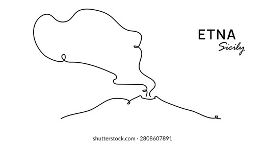 Minimalist one line drawing of Mount Etna volcano with volcanic smoke. Continuous line vector illustration inspired by the famous Sicilian volcano, ideal for travel, tourism, geology, nature, branding and modern design projects.