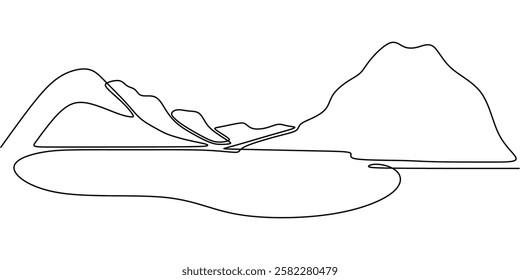 Minimalist one line drawing of a mountain and lake. Representation of adventure, hiking, and scenic landscapes. Vector illustration hand drawn.