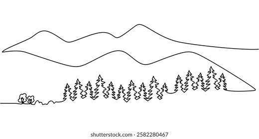 Minimalist one line drawing of a mountainous forest. Symbol of camping, trekking, and nature conservation. Vector illustration hand drawn.