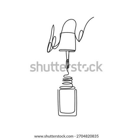 Minimalist one line drawing of nail polish bottle with brush. Vector illustration for beauty, cosmetics, fashion, wellness, manicure, self-care concepts.
