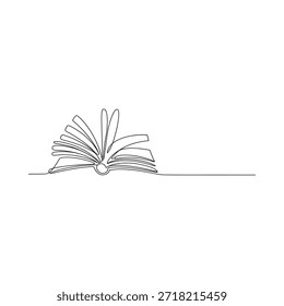 Dibujo minimalista de una línea de un libro abierto con páginas que se abren ligeramente