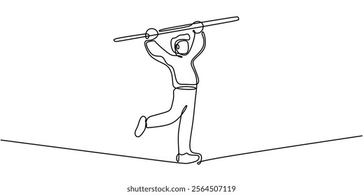 Minimalist one line drawing of Person Balancing on a Tightrope. Symbolizing resilience, strength, and the determination to overcome challenges. Vector illustration minimalist hand drawn.