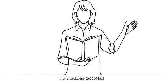 Minimalist one line drawing of person with open book gesturing in collared shirt, clean black line illustration

