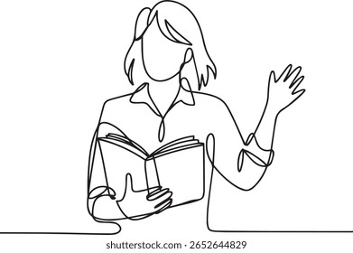 Minimalist one line drawing of person with open book gesturing in collared shirt, clean black line illustration

