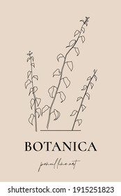 Minimalist one line drawing plant. Hand drawn illustrations of leaves. Modern botanics illustration. Stylish vector plant outline