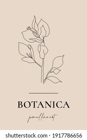 Minimalist one line drawing plant. Hand drawn illustration of elegant flower branch. Modern botanics illustration. Stylish vector blossom sketch