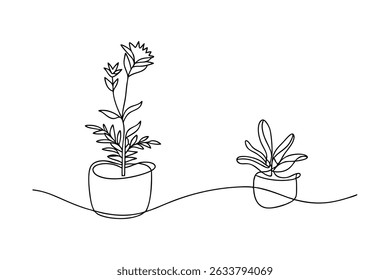 Minimalist one line drawing of potted plants featuring flowers and leaves for design