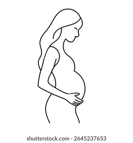 Desenho minimalista de uma linha de uma mulher grávida segurando suavemente a barriga. Vetor de contorno preto elegante representando a maternidade, gravidez e a beleza da forma feminina. 