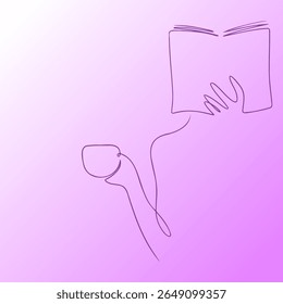 Minimalist one line drawing of reading book and drinking coffee scene