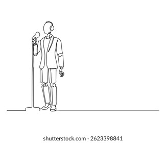 Minimalist one line drawing of a robot in a suit singing into a microphone. Futuristic music performance and technology concept. Elegant, modern, creative art.