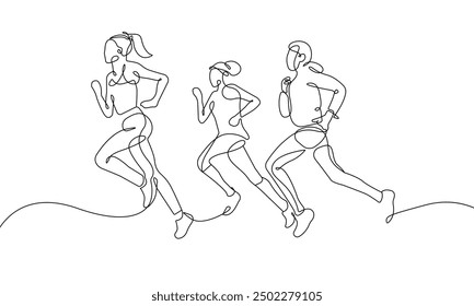 Minimalist One Line Drawing of runners group. Contour Illustration of sport run Modern Minimalist Drawing. Runners One Line Illustration. Vector EPS 10