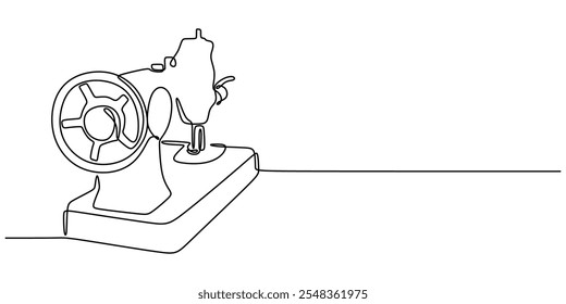 Minimalist one line drawing of a sewing machine, representing vintage craftsmanship and timeless sewing traditions.