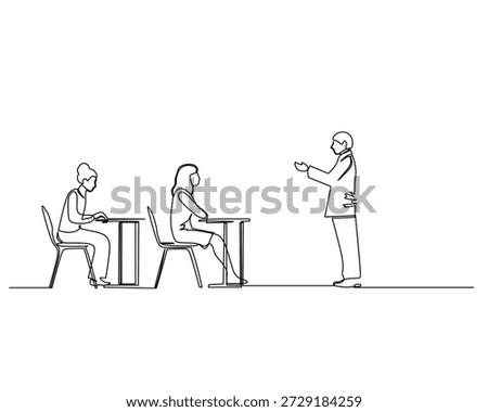 Minimalist one line drawing showing a teacher presenting information to two seated students with desks in a learning environment