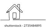 Minimalist one line drawing of a simple house with a chimney on a white background.