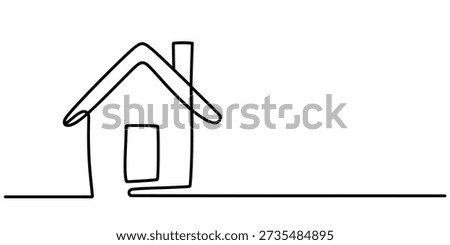 Minimalist one line drawing of a simple house with a chimney on a white background.