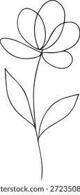 Minimalistische einzeilige Zeichnung einer einzelnen Blume mit Blättern auf weißem Hintergrund für elegantes Dekor und kreatives Design