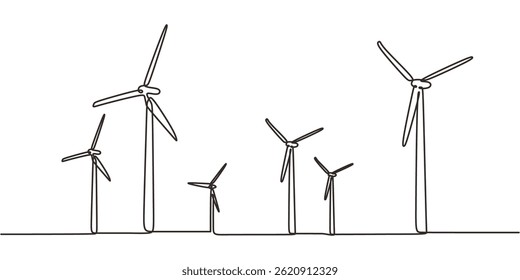 Minimalist One Line Drawing Six Wind Turbines. Wind Energy Clean Power Symbol Vector.
