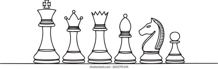 Minimalist one line drawing of six classic chess pieces in a horizontal row with clean geometric profiles

