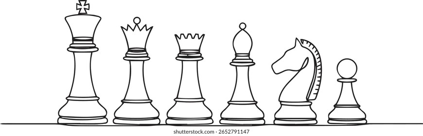 Minimalist one line drawing of six classic chess pieces in a horizontal row with clean geometric profiles

