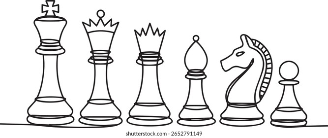 Minimalist one line drawing of six classic chess pieces in a horizontal row with clean geometric profiles

