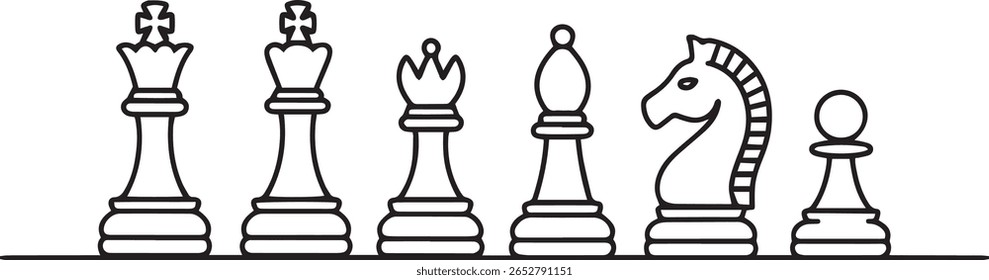 Minimalist one line drawing of six classic chess pieces in a horizontal row with clean geometric profiles

