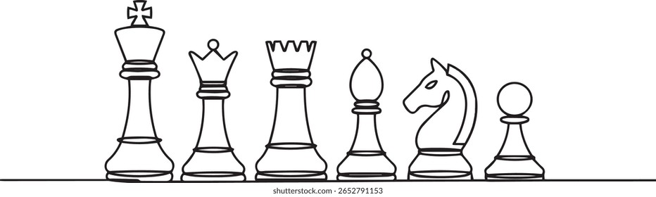 Minimalist one line drawing of six classic chess pieces in a horizontal row with clean geometric profiles

