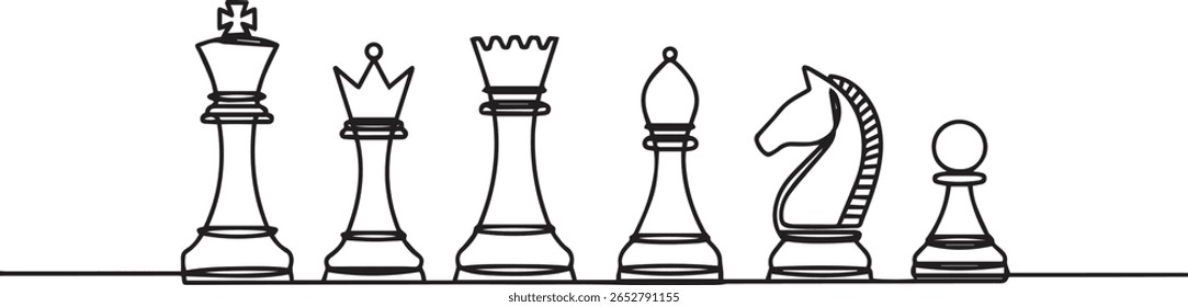 Minimalist one line drawing of six classic chess pieces in a horizontal row with clean geometric profiles

