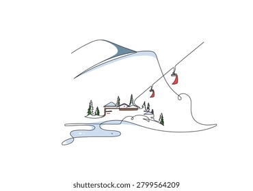 Minimalist one line drawing of ski resort. Winter scene features mountain, chairlift, cabins, trees isolated on white background. Drawn by hand vector illustration with editable stroke