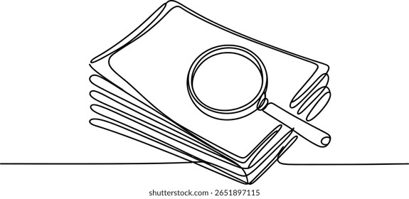 Minimalist One Line Drawing of a Stack of Papers with Magnifying Glass – Research, Journalism, or Data Analysis Illustration