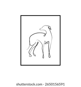 Minimalist one line drawing of a standing greyhound dog. Elegant and simple artwork, perfect for modern pet designs, animal lovers, and contemporary interiors.