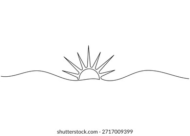 Minimalist One Line Drawing of Sunrise over Ocean Waves Sun Art