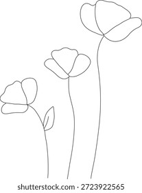 Minimalistische einzeilige Zeichnung von drei Mohnblumen auf weißem Hintergrund für elegante ästhetische Wandkunst