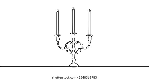 Desenho minimalista de uma linha de um candelabro de três velas, simbolizando decoração clássica, calor e elegância retro.