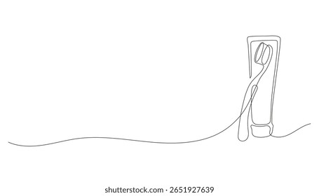 Minimalist one line drawing of a toothbrush and toothpaste. Continuous line vector illustration of oral care tools. Clean design for dental hygiene and bathroom themes.