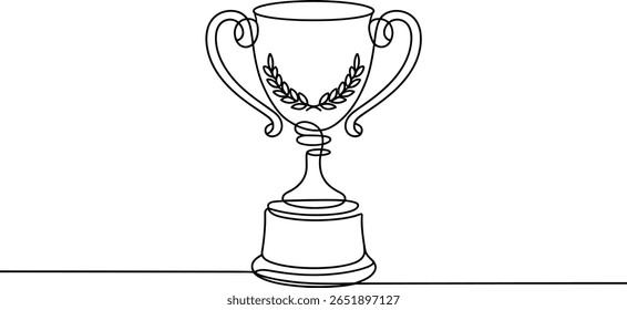Desenho minimalista de uma linha de uma taça de troféu com coroa de louro - símbolo preto e branco de sucesso, vitória e honra