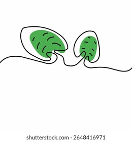 Minimalist one line drawing of two green leaves connected by a continuous black line. The design combines simplicity and organic form, ideal for eco-friendly themes, botanical art, and modern decor.