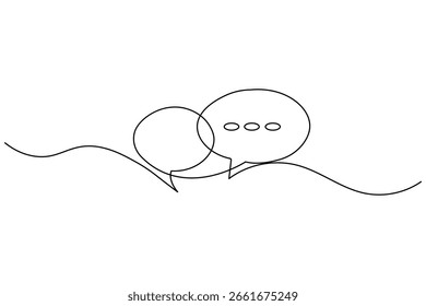 Minimalistische einzeilige Zeichnung von zwei Sprechblasen mit Ellipse, die Konversation oder Kommunikation symbolisieren.