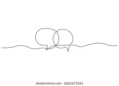 Minimalistische einzeilige Zeichnung von zwei Sprechblasen mit Ellipse, die Konversation oder Kommunikation symbolisieren.