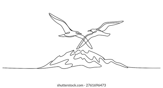 Minimalist one line drawing of two flying seagulls soaring above a jagged mountain landscape peak Vector, illustration