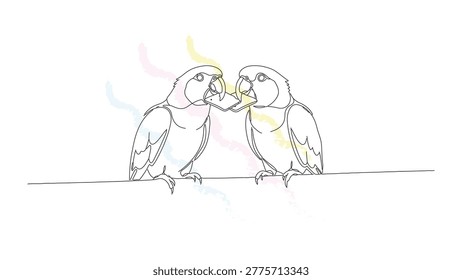 Minimalist one line drawing of two parrots feeding each other with light pastel splashes; simple avian interaction.