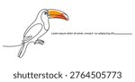 Minimalist one line drawing of a vibrant tropical toucan bird with placeholder latin text art Vector, illustration