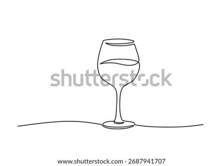 Minimalist one line drawing of a wine glass. Simple continuous line art for celebration, party, or fine dining concepts. Vector illustration isolated on white background.